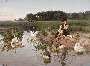 Ukrainian Girl Tending Geese